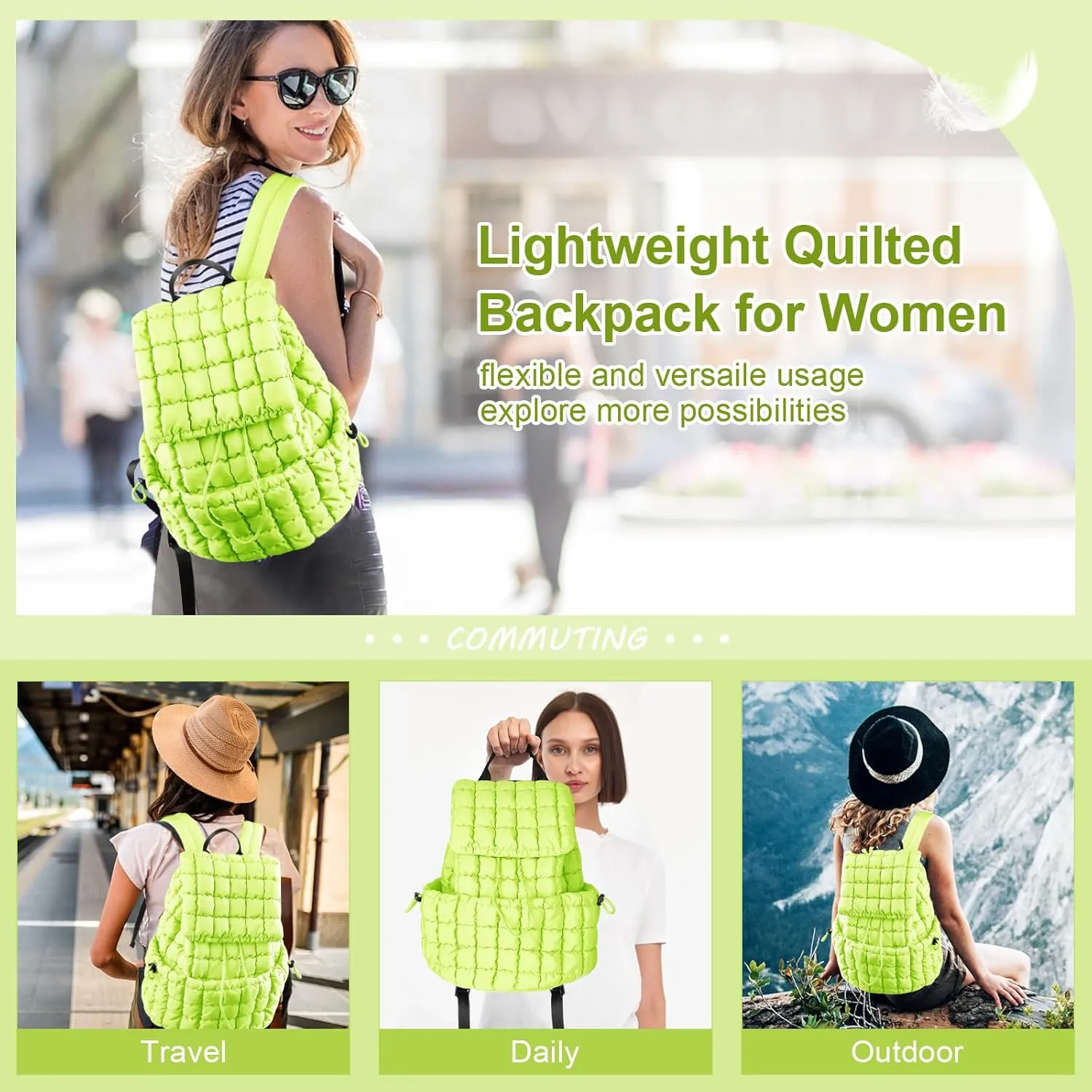 XSUIOY Quilted Backpack Purse for Women Small Lightweight Puffer Puffy College Laptop Backpack Nylon Casual Bookbag Daypack Top Flap Drawstring Padding Hiker Travel Gym Backpack(Green)