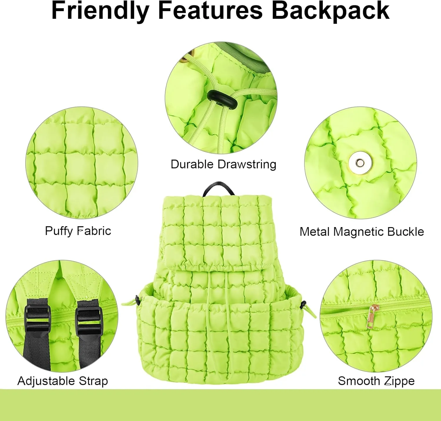 XSUIOY Quilted Backpack Purse for Women Small Lightweight Puffer Puffy College Laptop Backpack Nylon Casual Bookbag Daypack Top Flap Drawstring Padding Hiker Travel Gym Backpack(Green)