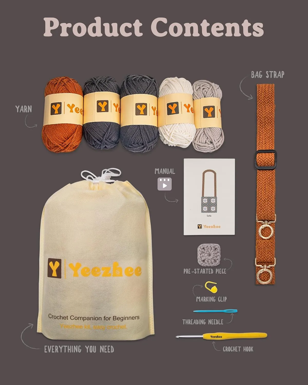 Yeezhee Crochet Kit for Beginners, Granny Square Crossbody Bag Set, Knitting Kit Including Yarn, Crochet Hook, Sofa