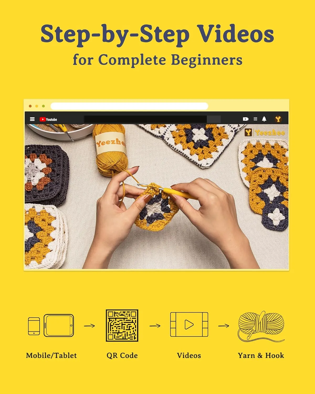 Yeezhee Crochet Kit for Beginners, Granny Square Crossbody Bag Set, Knitting Kit Including Yarn, Crochet Hook, Sofa