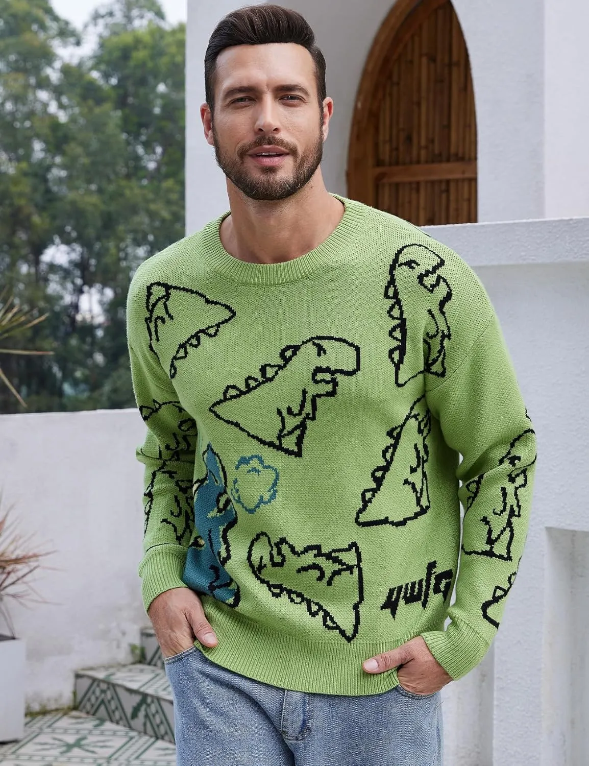 Yimoon Men Sweaters Oversized Graphic Casual Cable Knitted Jumper Pullover Cute Unisex Crewneck Retro Couple Tops