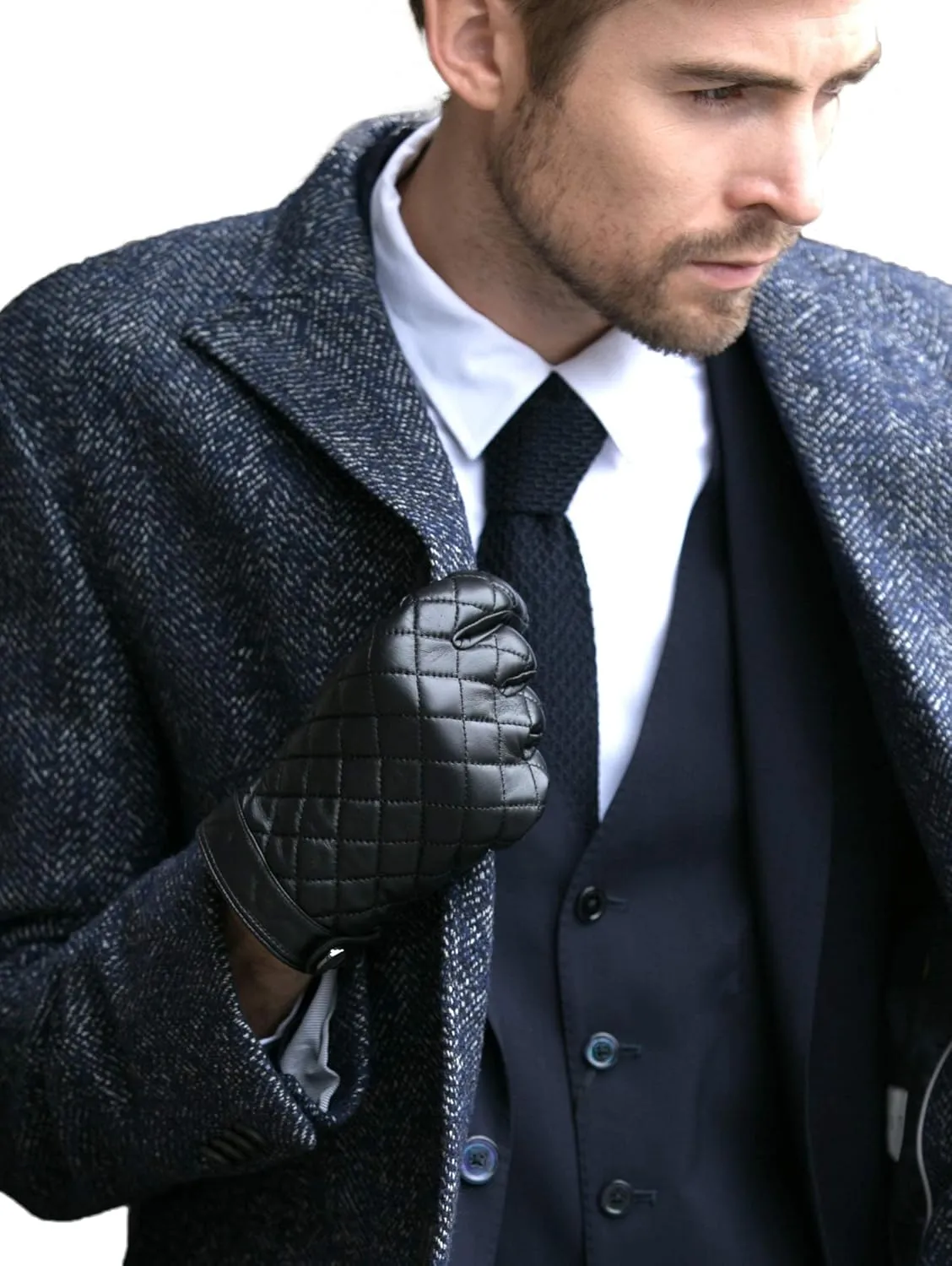 YISEVEN Men's Lambskin Quilted Leather Gloves Touchscreen
