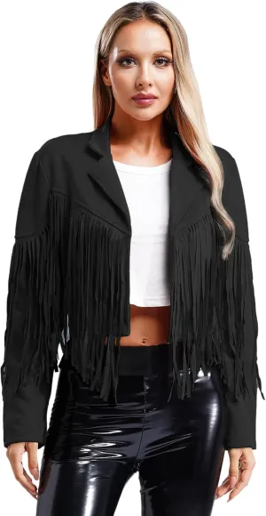 YiZYiF Women's Fringe Faux Suede Leather Jackets Fashion Cowgirl Tassel Motorcycle Cropped Coats