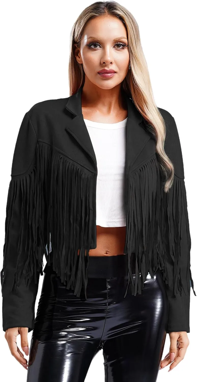 YiZYiF Women's Fringe Faux Suede Leather Jackets Fashion Cowgirl Tassel Motorcycle Cropped Coats