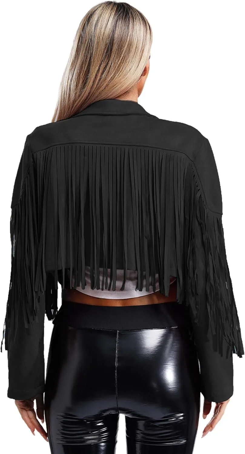 YiZYiF Women's Fringe Faux Suede Leather Jackets Fashion Cowgirl Tassel Motorcycle Cropped Coats