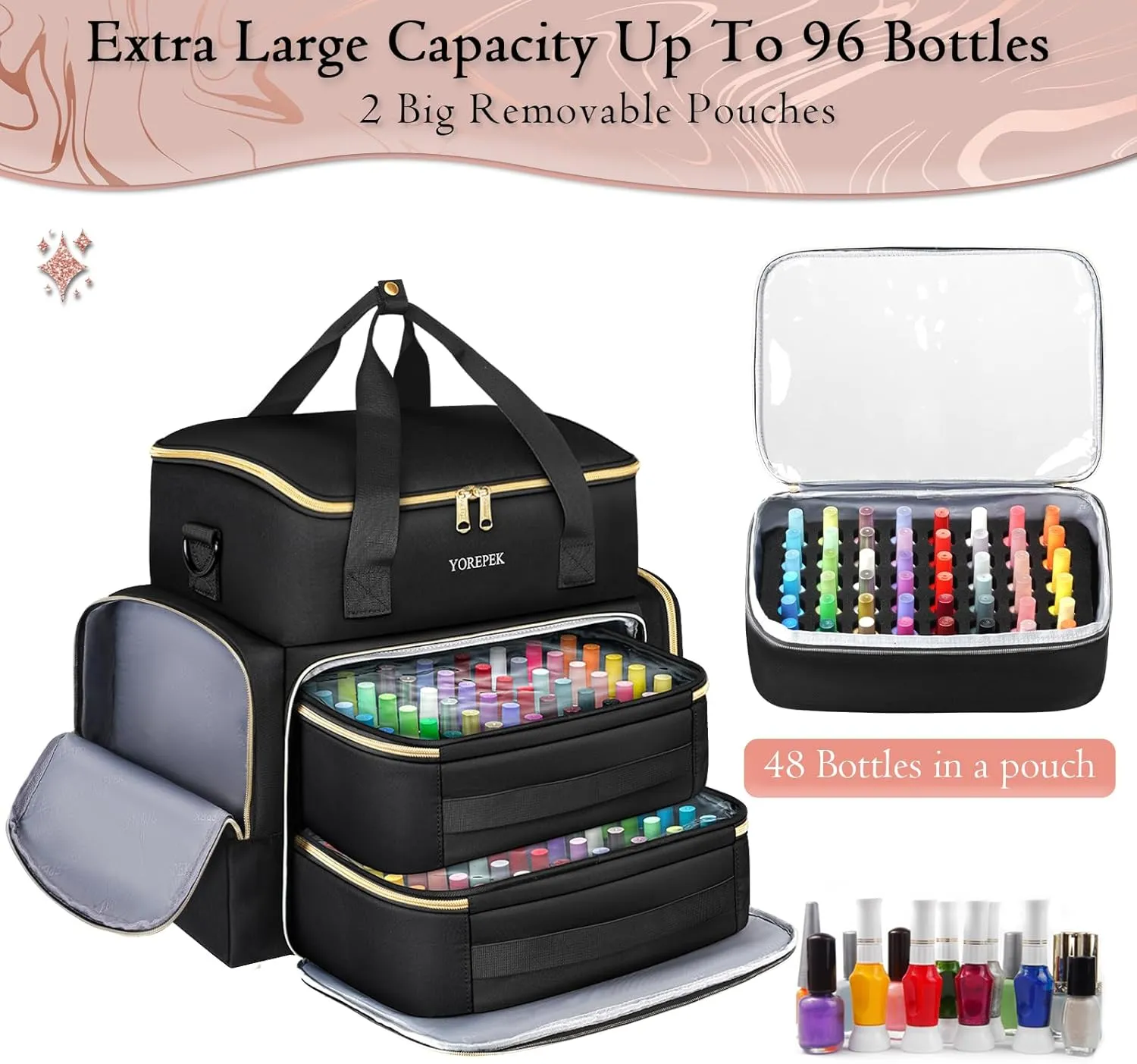 YOREPEK Extra Large Nail Polish Organizer Case Holds 96 to 100  Bottles (15ml/0.5 fl.oz) UV lamp, Gel Polish Travel Case Bag with 2 Removable Pouches Fits Nail Suppiles, Gift for Manicurist, Grils