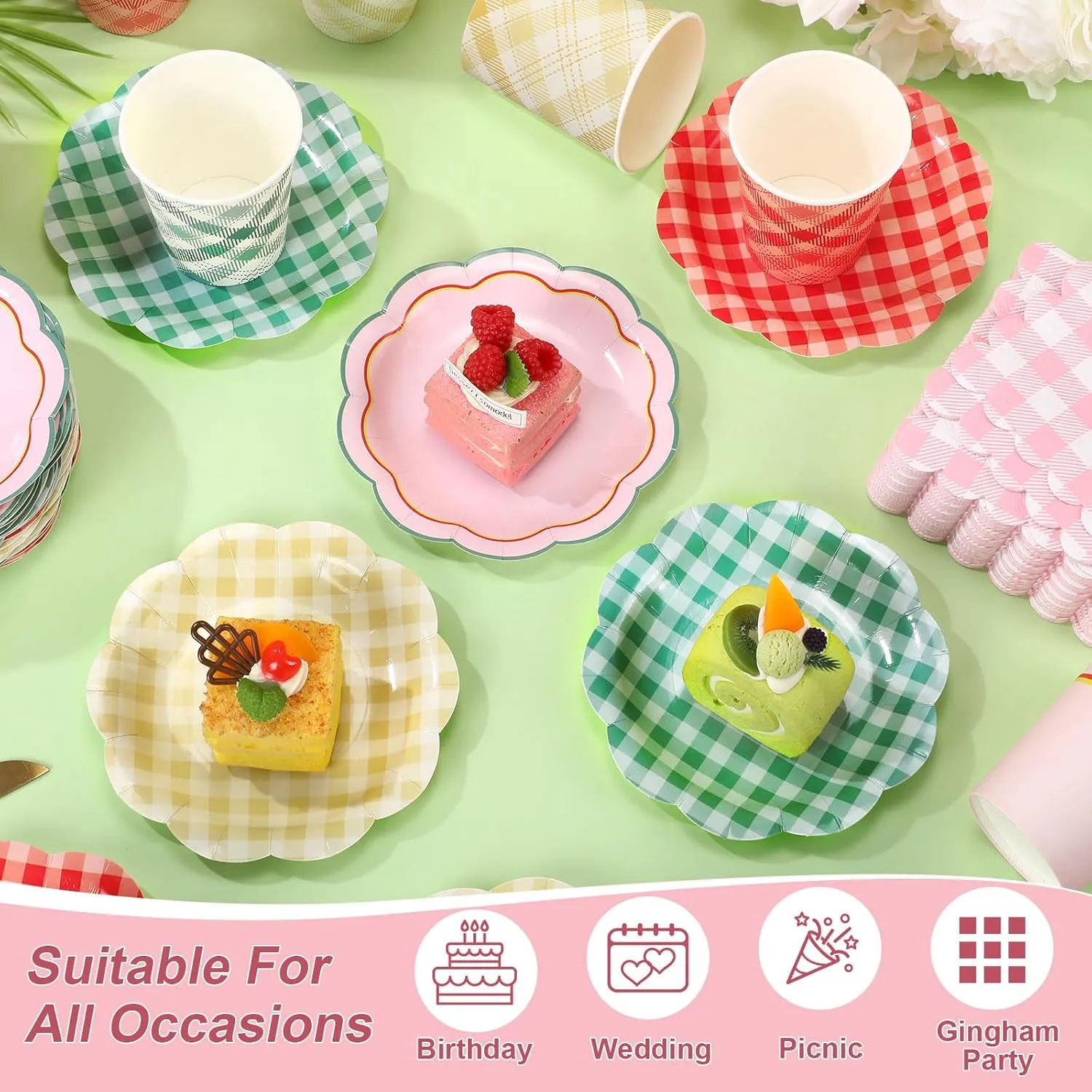 Yungyan 216 Pcs Gingham Party Supplies Include Disposable 6" Plates and 9 oz Cups and Paper Napkins Tableware Set for Birthday Bridal Shower BBQ Picnic Party Supplies Decoration