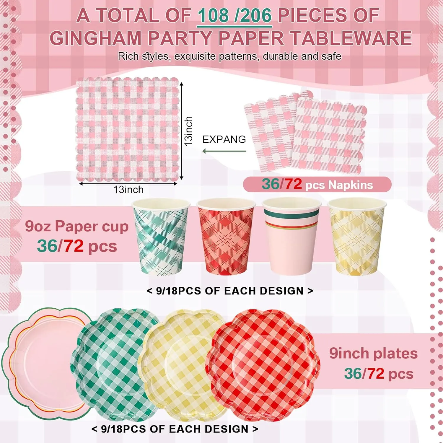 Yungyan 216 Pcs Gingham Party Supplies Include Disposable 6" Plates and 9 oz Cups and Paper Napkins Tableware Set for Birthday Bridal Shower BBQ Picnic Party Supplies Decoration