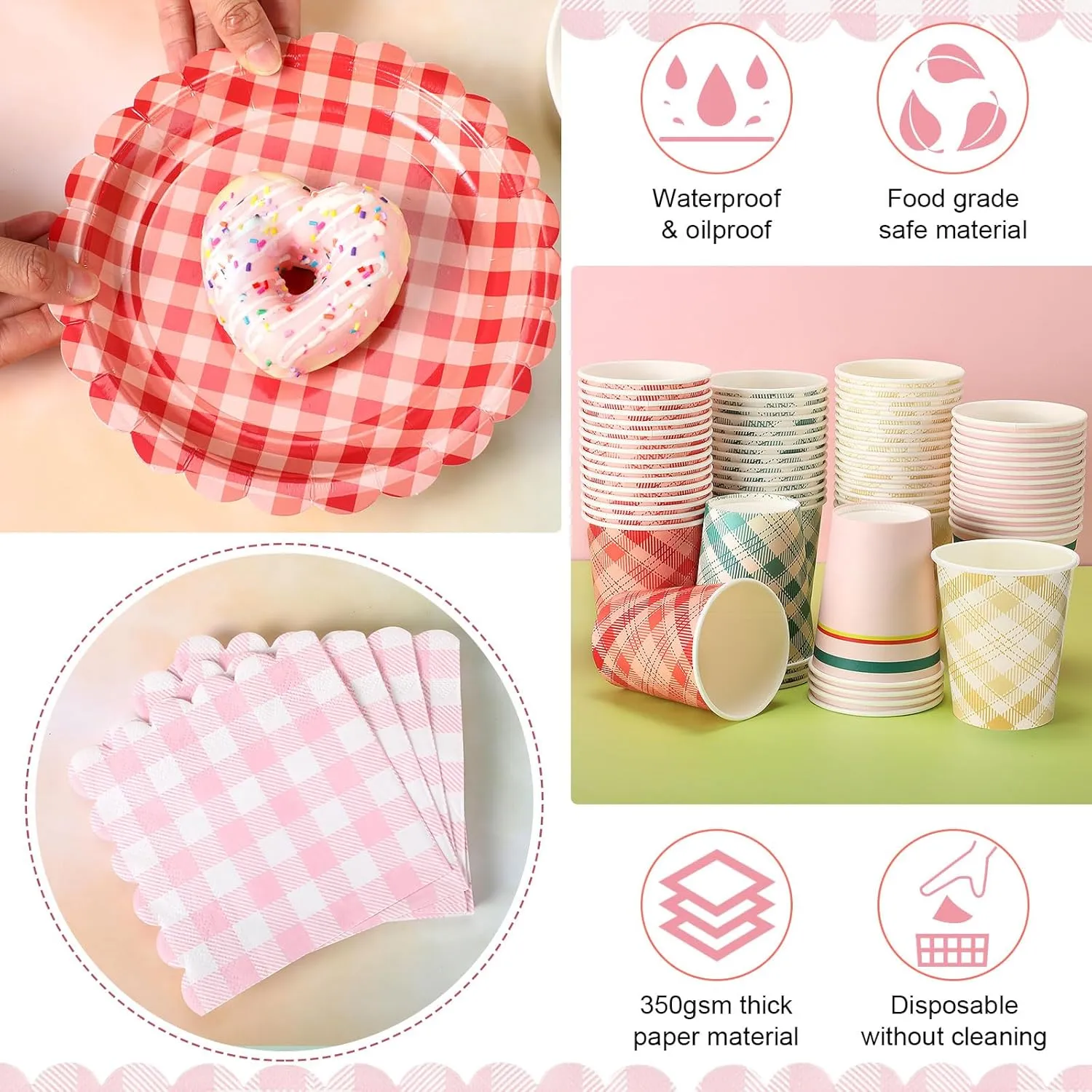 Yungyan 216 Pcs Gingham Party Supplies Include Disposable 6" Plates and 9 oz Cups and Paper Napkins Tableware Set for Birthday Bridal Shower BBQ Picnic Party Supplies Decoration