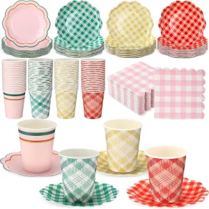 Yungyan 216 Pcs Gingham Party Supplies Include Disposable 6" Plates and 9 oz Cups and Paper Napkins Tableware Set for Birthday Bridal Shower BBQ Picnic Party Supplies Decoration