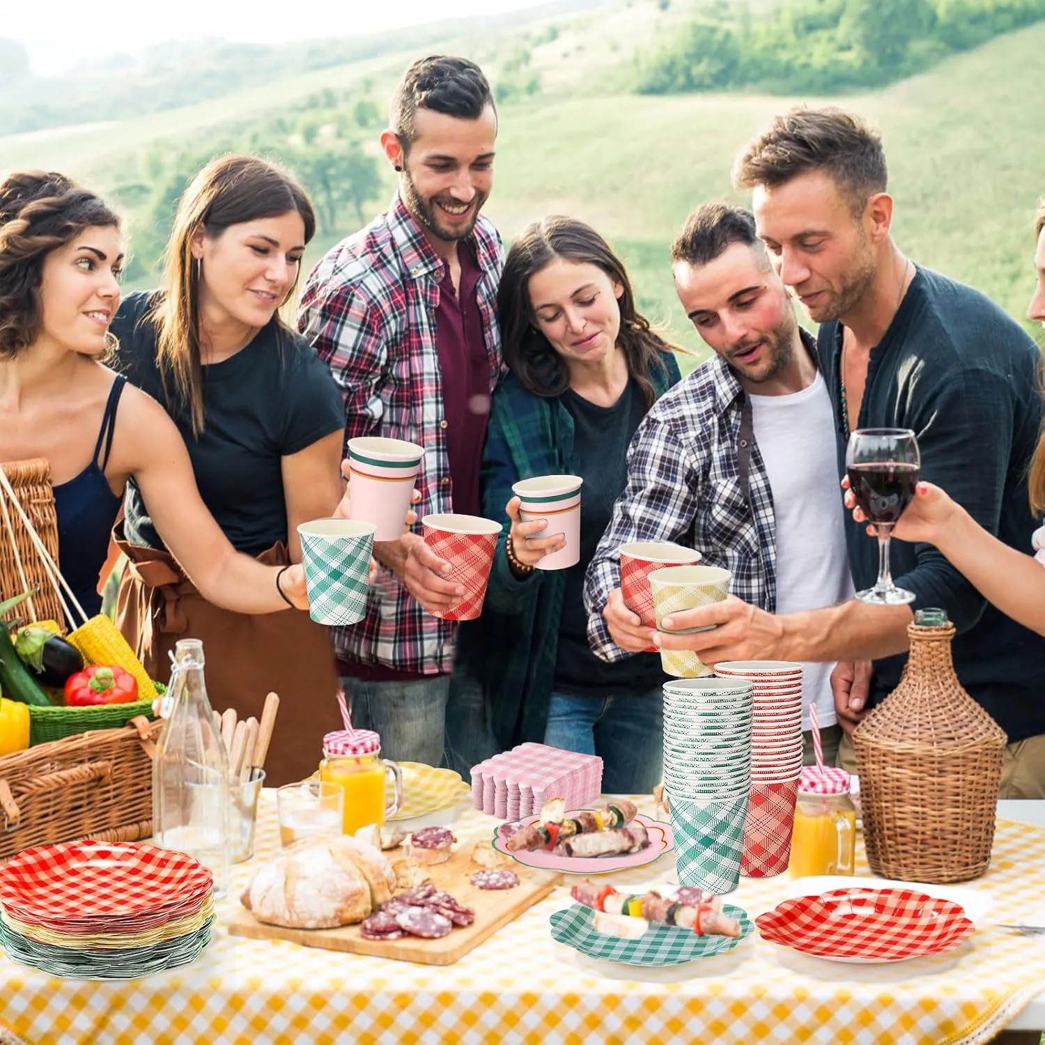Yungyan 216 Pcs Gingham Party Supplies Include Disposable 6" Plates and 9 oz Cups and Paper Napkins Tableware Set for Birthday Bridal Shower BBQ Picnic Party Supplies Decoration