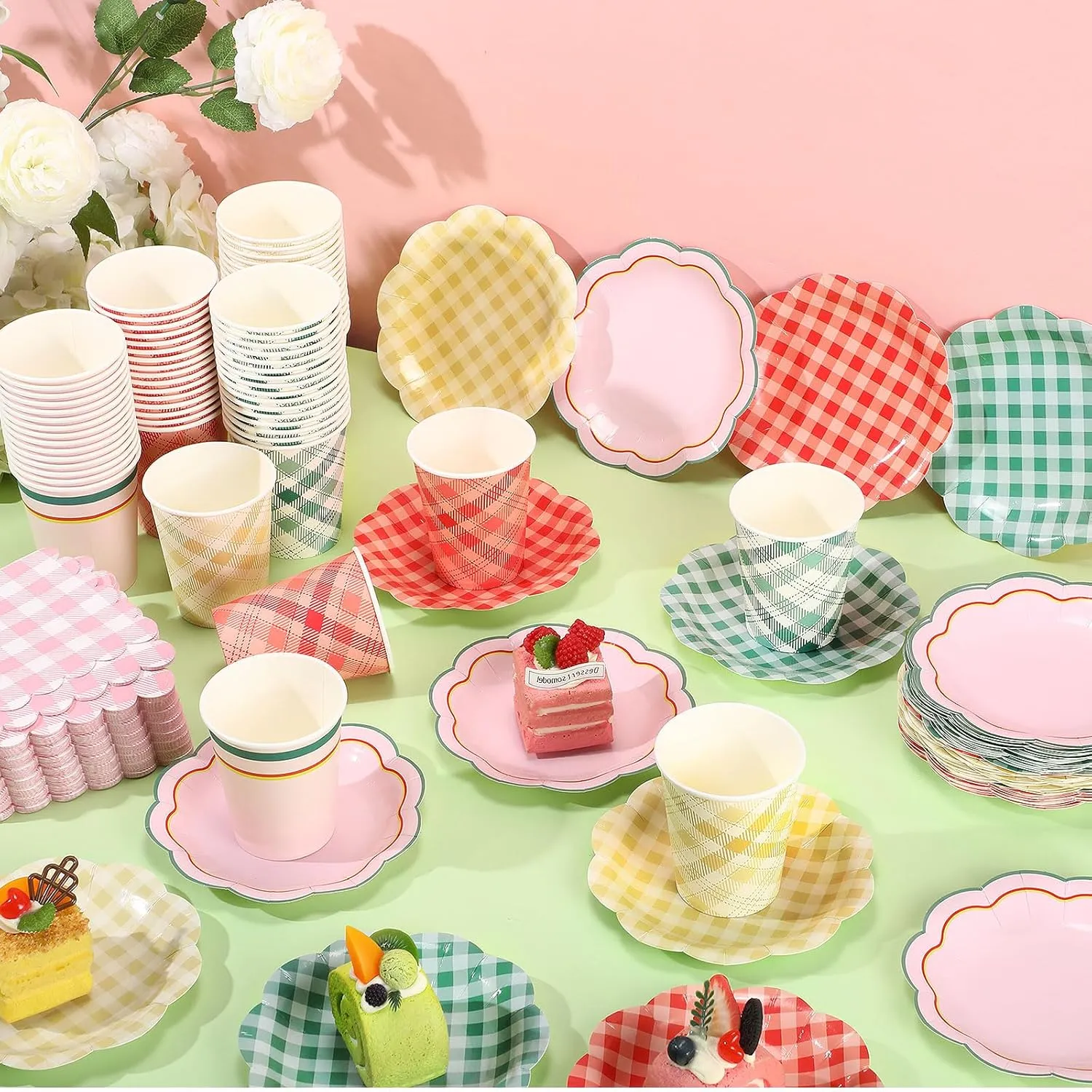 Yungyan 216 Pcs Gingham Party Supplies Include Disposable 6" Plates and 9 oz Cups and Paper Napkins Tableware Set for Birthday Bridal Shower BBQ Picnic Party Supplies Decoration