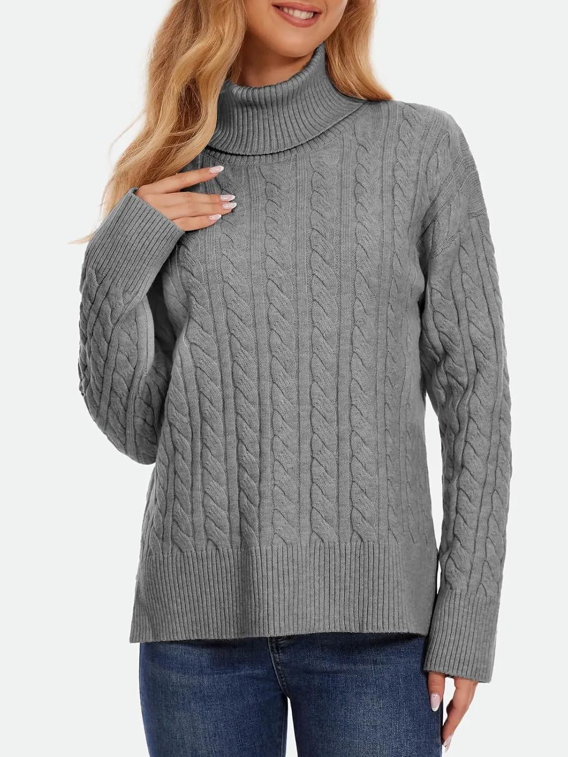 ZANZEA Turtleneck Sweater Women Long Sleeve Oversized Pullover Spilt Hem Chunky Cable Knit Jumper Fall Sweaters 2024