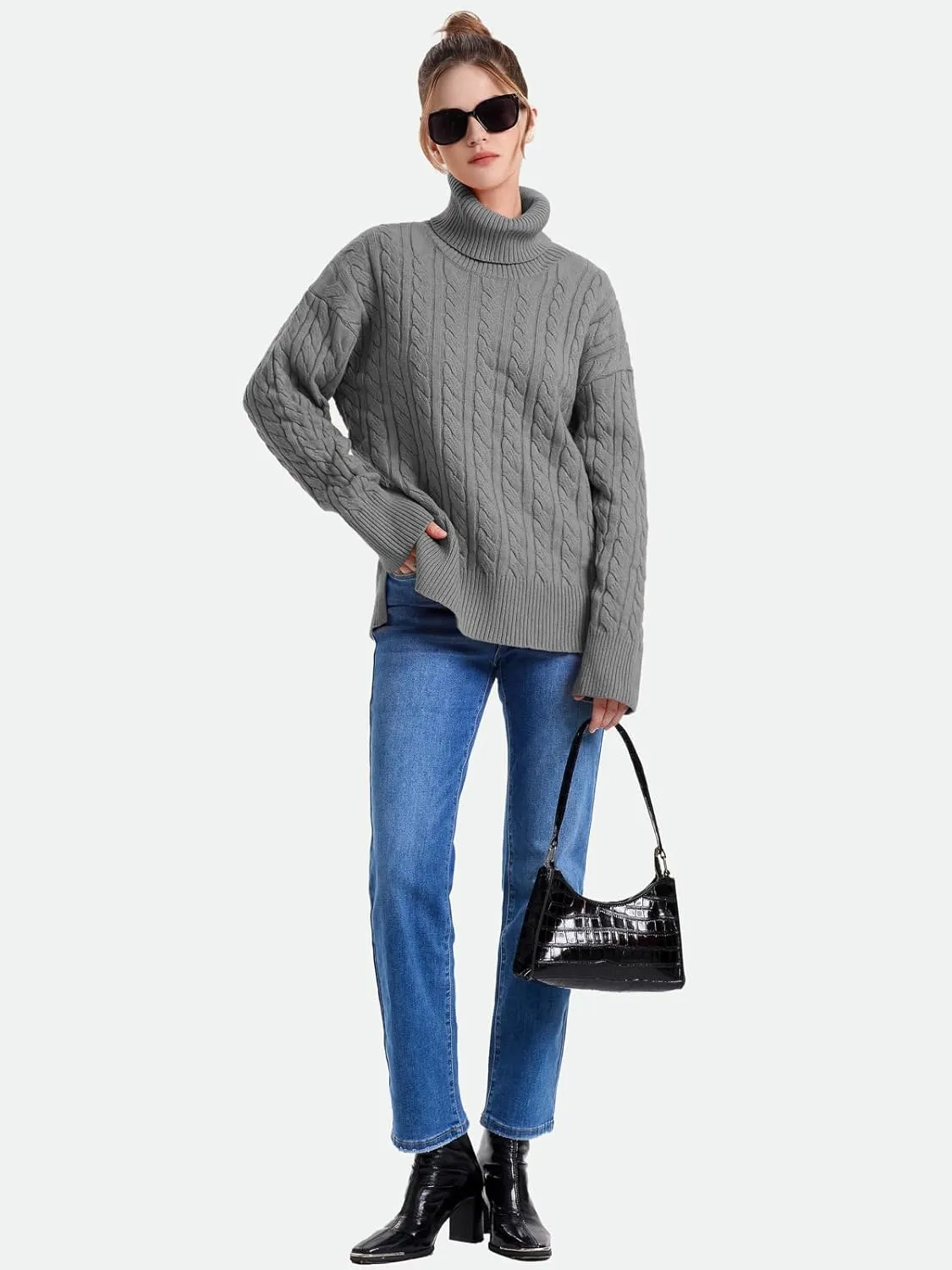 ZANZEA Turtleneck Sweater Women Long Sleeve Oversized Pullover Spilt Hem Chunky Cable Knit Jumper Fall Sweaters 2024