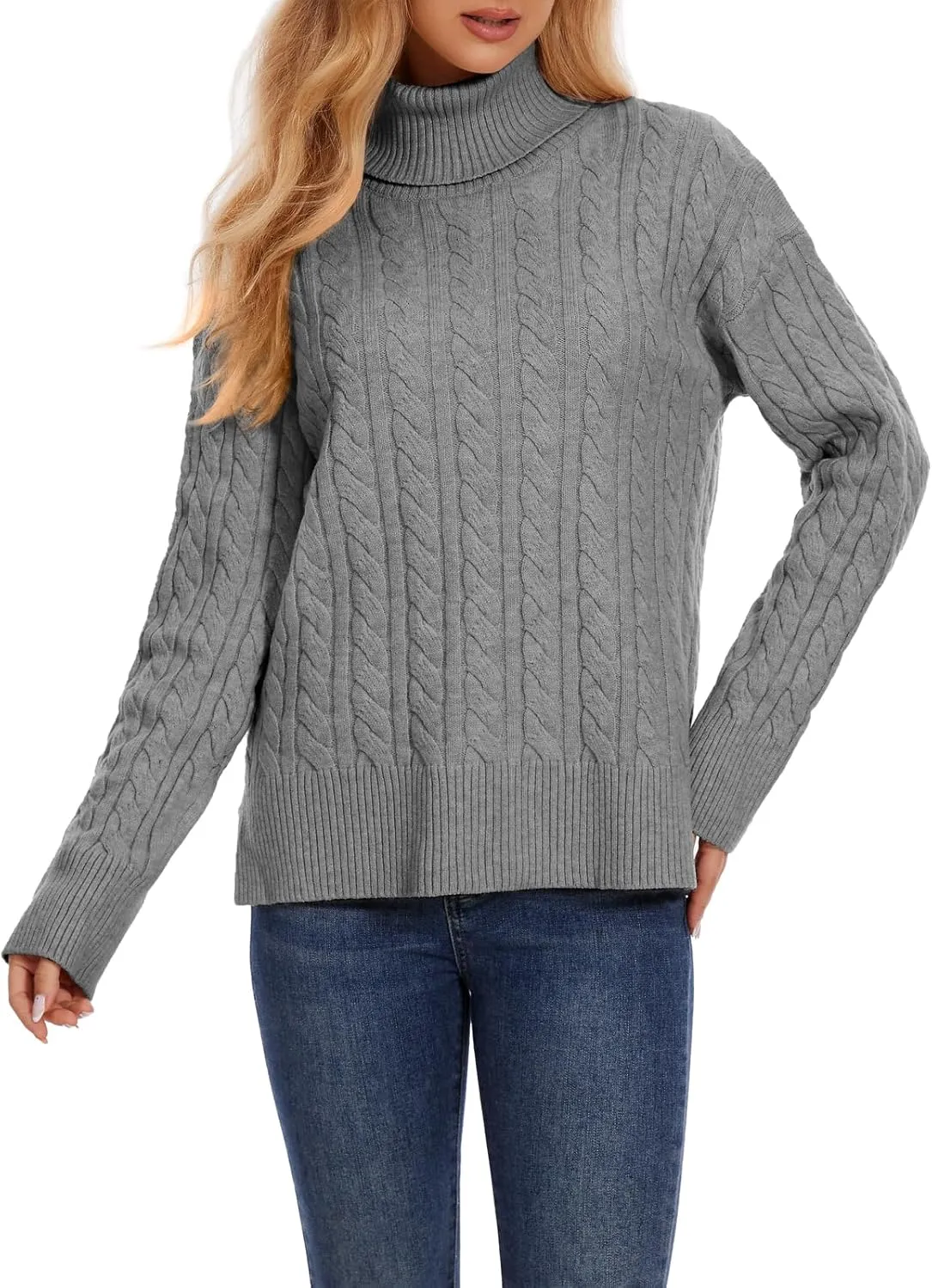 ZANZEA Turtleneck Sweater Women Long Sleeve Oversized Pullover Spilt Hem Chunky Cable Knit Jumper Fall Sweaters 2024