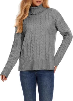 ZANZEA Turtleneck Sweater Women Long Sleeve Oversized Pullover Spilt Hem Chunky Cable Knit Jumper Fall Sweaters 2024