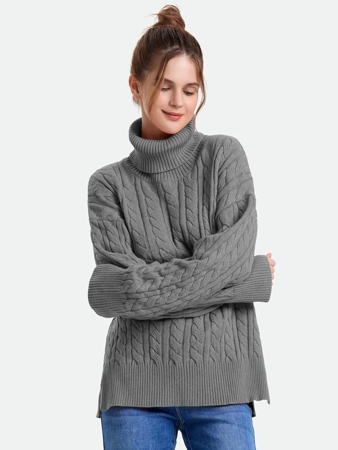 ZANZEA Turtleneck Sweater Women Long Sleeve Oversized Pullover Spilt Hem Chunky Cable Knit Jumper Fall Sweaters 2024