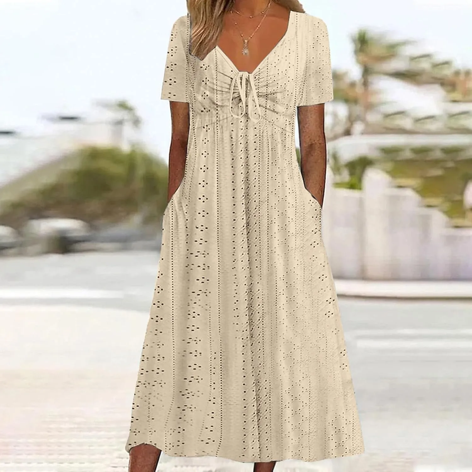 ZDRZK Sundresses for Women Eyelet Embroidery Solid Color Long Maxi Dresses Pockets Hollow Out Casual Dresses 2024 Trendy