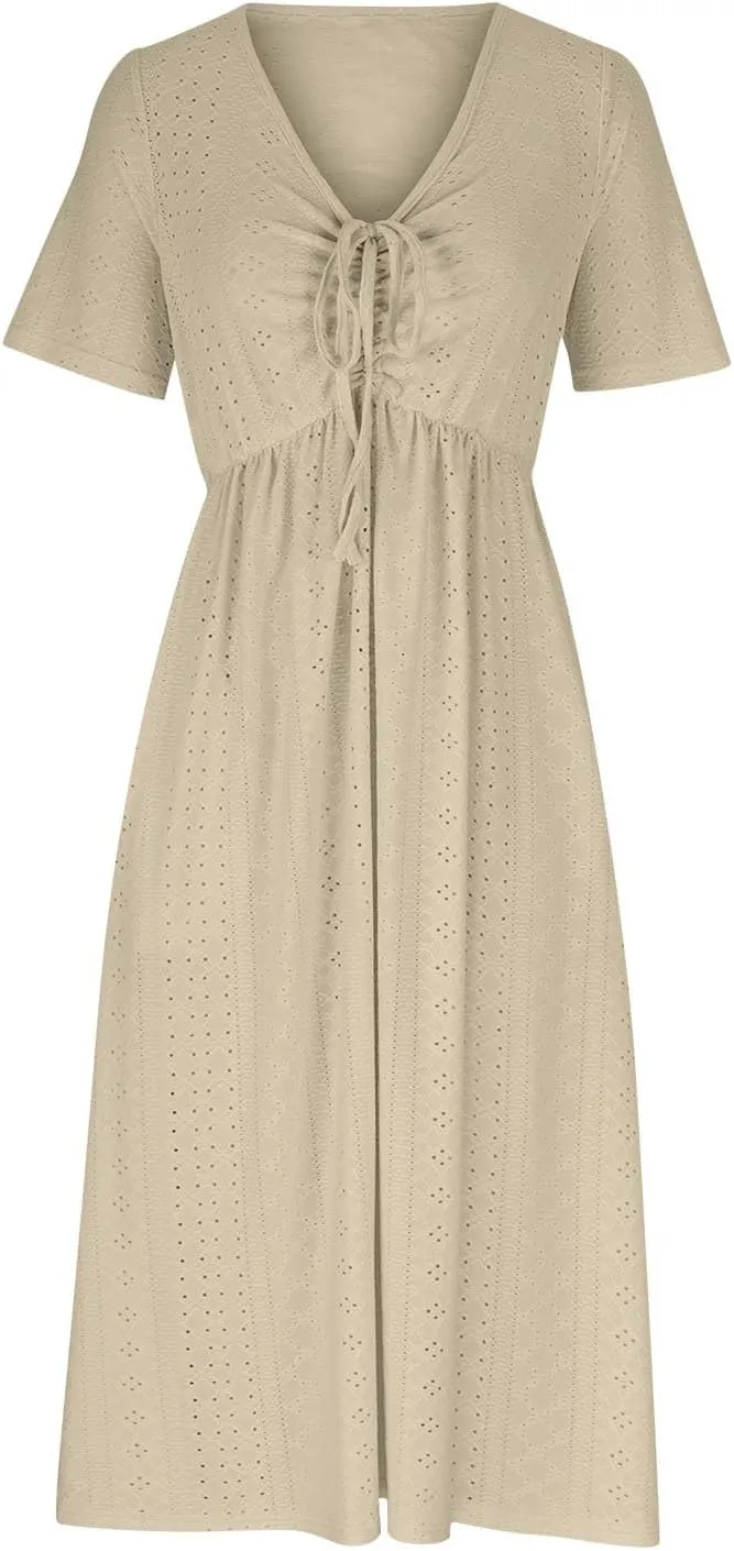ZDRZK Sundresses for Women Eyelet Embroidery Solid Color Long Maxi Dresses Pockets Hollow Out Casual Dresses 2024 Trendy