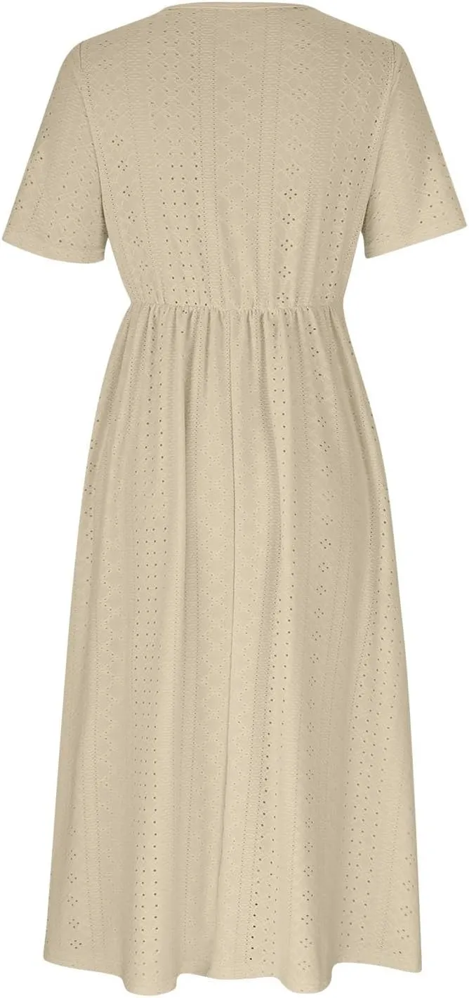 ZDRZK Sundresses for Women Eyelet Embroidery Solid Color Long Maxi Dresses Pockets Hollow Out Casual Dresses 2024 Trendy