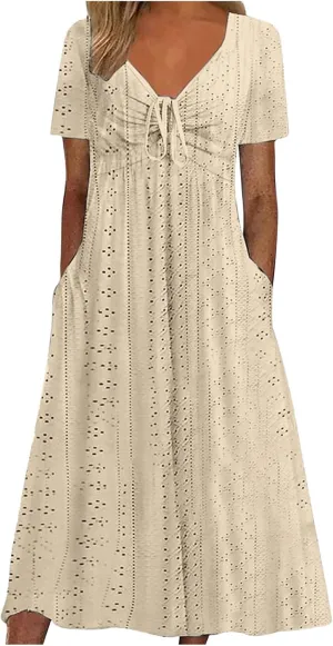 ZDRZK Sundresses for Women Eyelet Embroidery Solid Color Long Maxi Dresses Pockets Hollow Out Casual Dresses 2024 Trendy