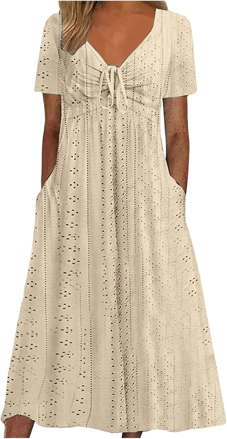 ZDRZK Sundresses for Women Eyelet Embroidery Solid Color Long Maxi Dresses Pockets Hollow Out Casual Dresses 2024 Trendy