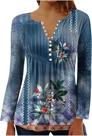 ZDRZK Womens Long Sleeve Shirts for Fall Fashion 2024 Casual Loose Graphic Tunic Tops Button Down Ruched Long Blouse