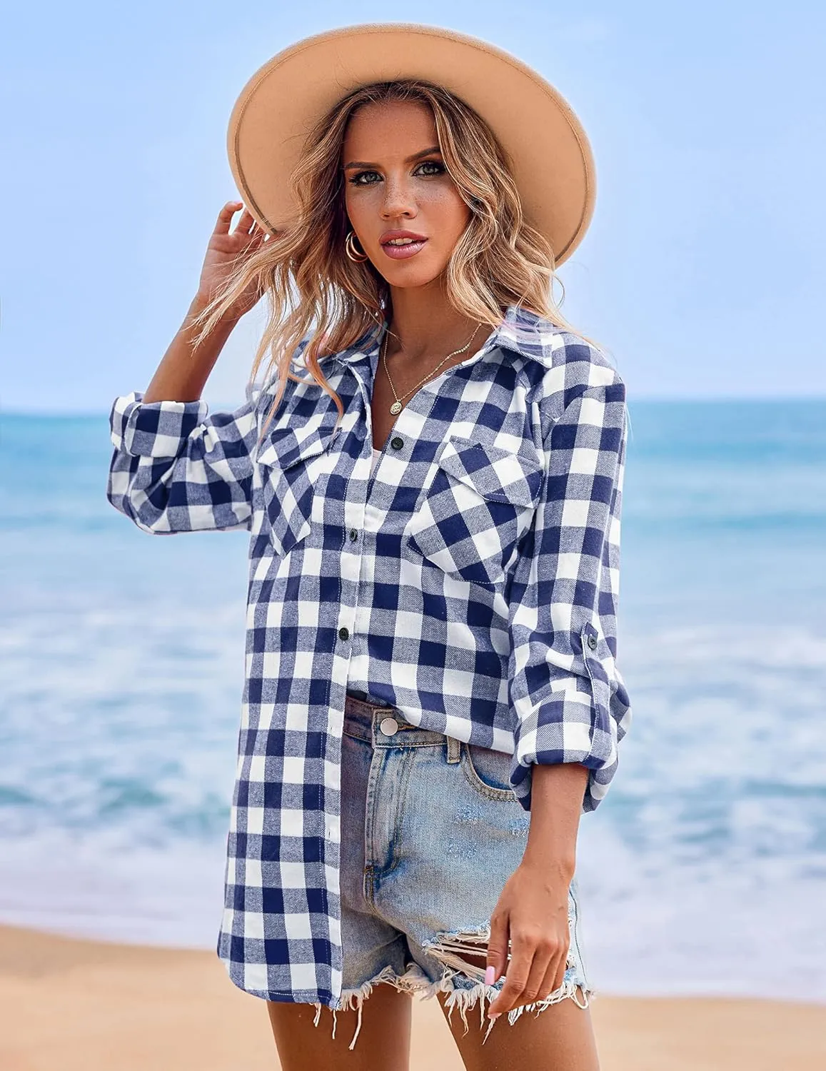 Zeagoo Womens Flannel Shirts Long/Roll Up Sleeve Collared Button Down Plaid Shirt Casual Work Tops
