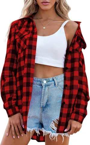Zeagoo Womens Flannel Shirts Long/Roll Up Sleeve Collared Button Down Plaid Shirt Casual Work Tops