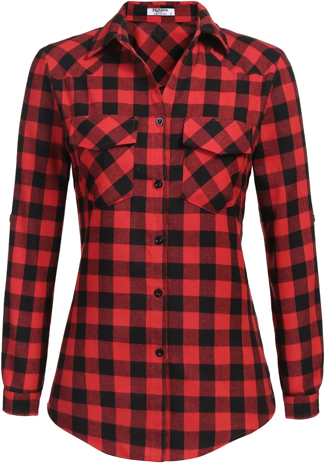 Zeagoo Womens Flannel Shirts Long/Roll Up Sleeve Collared Button Down Plaid Shirt Casual Work Tops