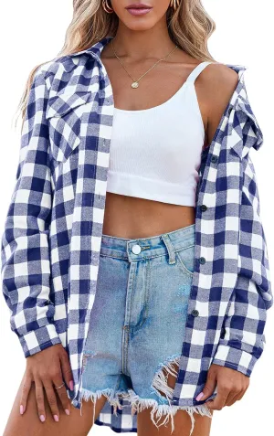 Zeagoo Womens Flannel Shirts Long/Roll Up Sleeve Collared Button Down Plaid Shirt Casual Work Tops