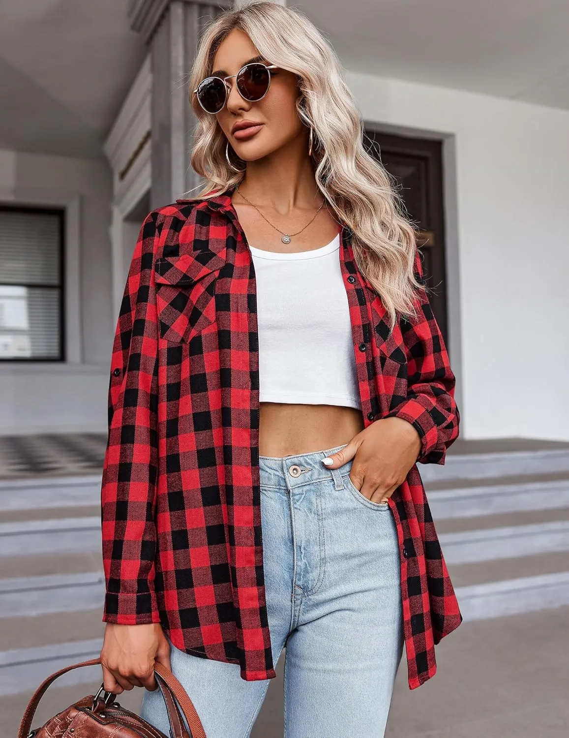 Zeagoo Womens Flannel Shirts Long/Roll Up Sleeve Collared Button Down Plaid Shirt Casual Work Tops