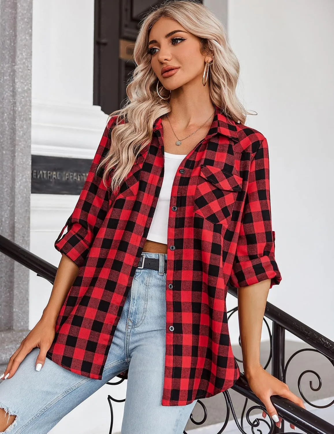 Zeagoo Womens Flannel Shirts Long/Roll Up Sleeve Collared Button Down Plaid Shirt Casual Work Tops