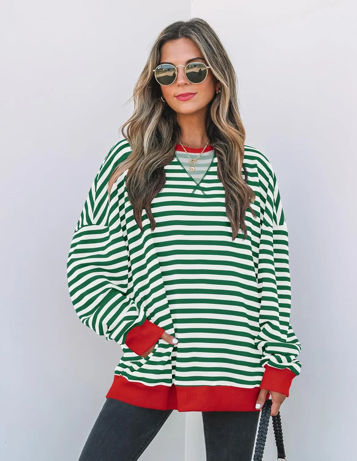 ZESICA Womens Casual Striped Pullover Tops Long Sleeve Shirts Crewneck Oversized Sweatshirts Spring Clothes
