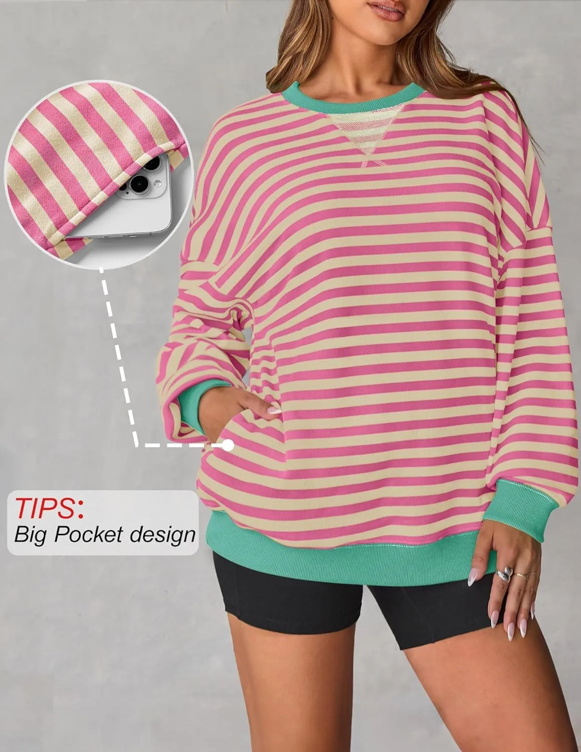 ZESICA Womens Casual Striped Pullover Tops Long Sleeve Shirts Crewneck Oversized Sweatshirts Spring Clothes