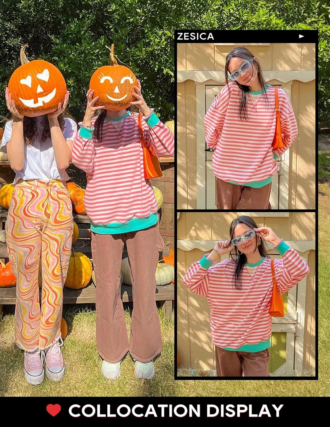 ZESICA Womens Casual Striped Pullover Tops Long Sleeve Shirts Crewneck Oversized Sweatshirts Spring Clothes