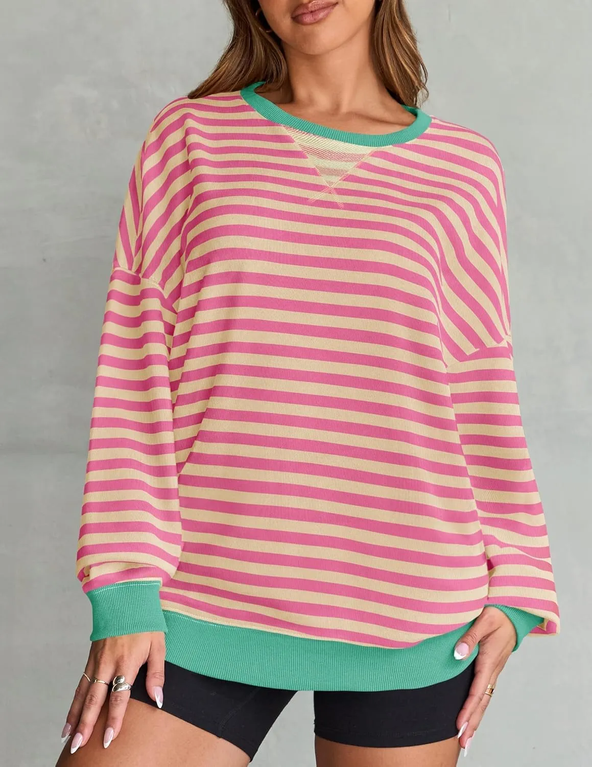 ZESICA Womens Casual Striped Pullover Tops Long Sleeve Shirts Crewneck Oversized Sweatshirts Spring Clothes