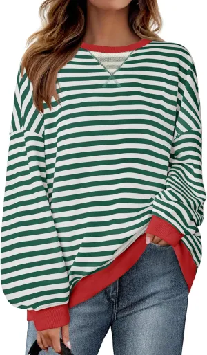 ZESICA Womens Casual Striped Pullover Tops Long Sleeve Shirts Crewneck Oversized Sweatshirts Spring Clothes