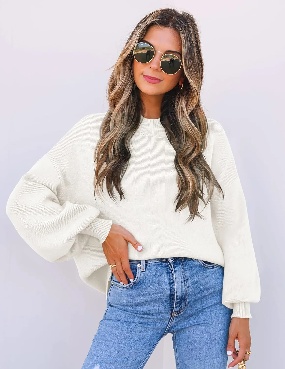 ZESICA Women's Casual Turtleneck Long Lantern Sleeve Oversized Ribbed Knit Pullover Sweater Jumper Top