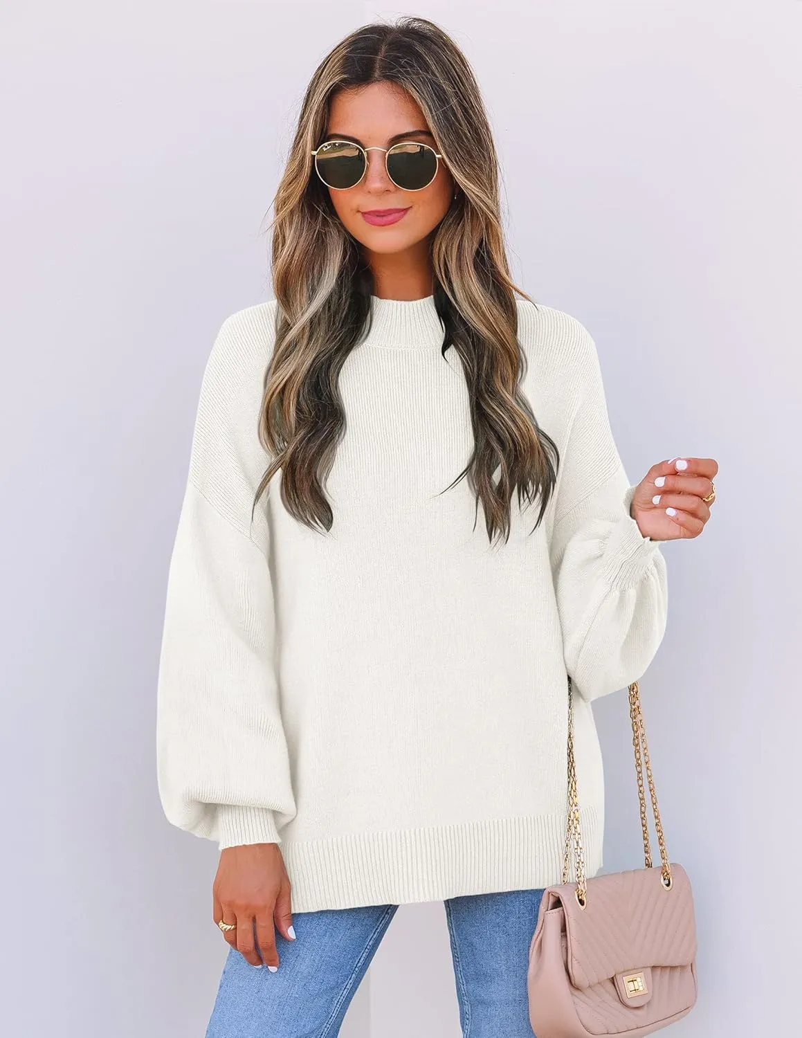 ZESICA Women's Casual Turtleneck Long Lantern Sleeve Oversized Ribbed Knit Pullover Sweater Jumper Top
