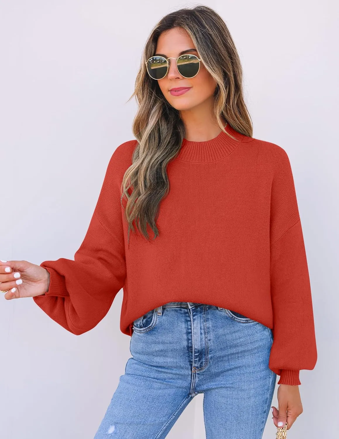 ZESICA Women's Casual Turtleneck Long Lantern Sleeve Oversized Ribbed Knit Pullover Sweater Jumper Top