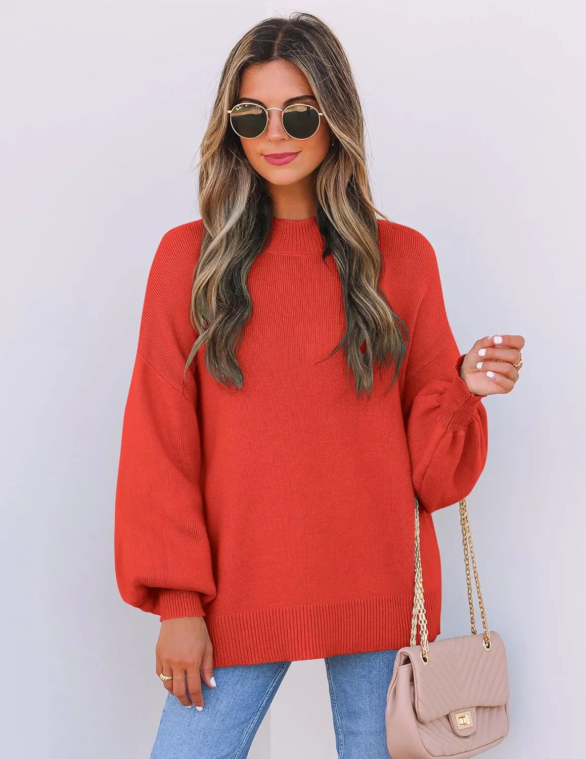 ZESICA Women's Casual Turtleneck Long Lantern Sleeve Oversized Ribbed Knit Pullover Sweater Jumper Top