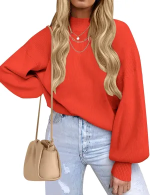 ZESICA Women's Casual Turtleneck Long Lantern Sleeve Oversized Ribbed Knit Pullover Sweater Jumper Top