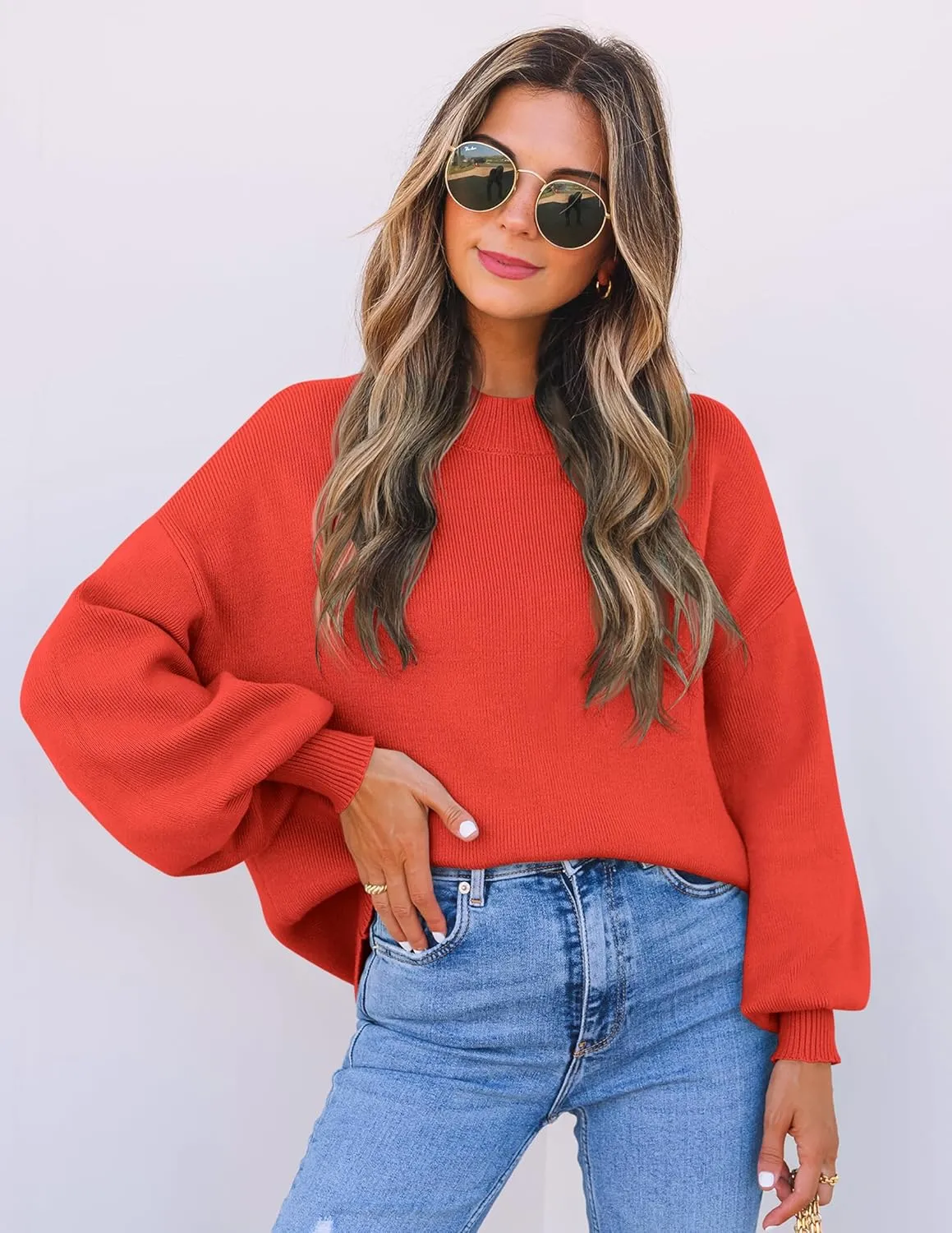 ZESICA Women's Casual Turtleneck Long Lantern Sleeve Oversized Ribbed Knit Pullover Sweater Jumper Top