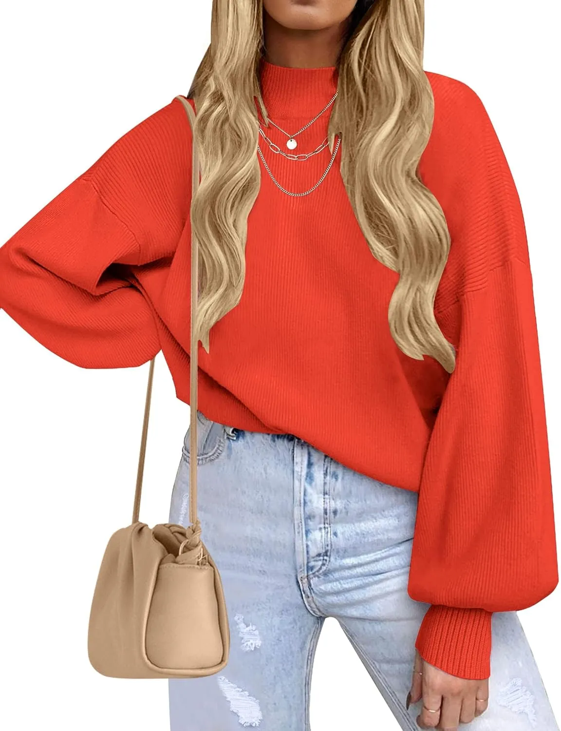 ZESICA Women's Casual Turtleneck Long Lantern Sleeve Oversized Ribbed Knit Pullover Sweater Jumper Top