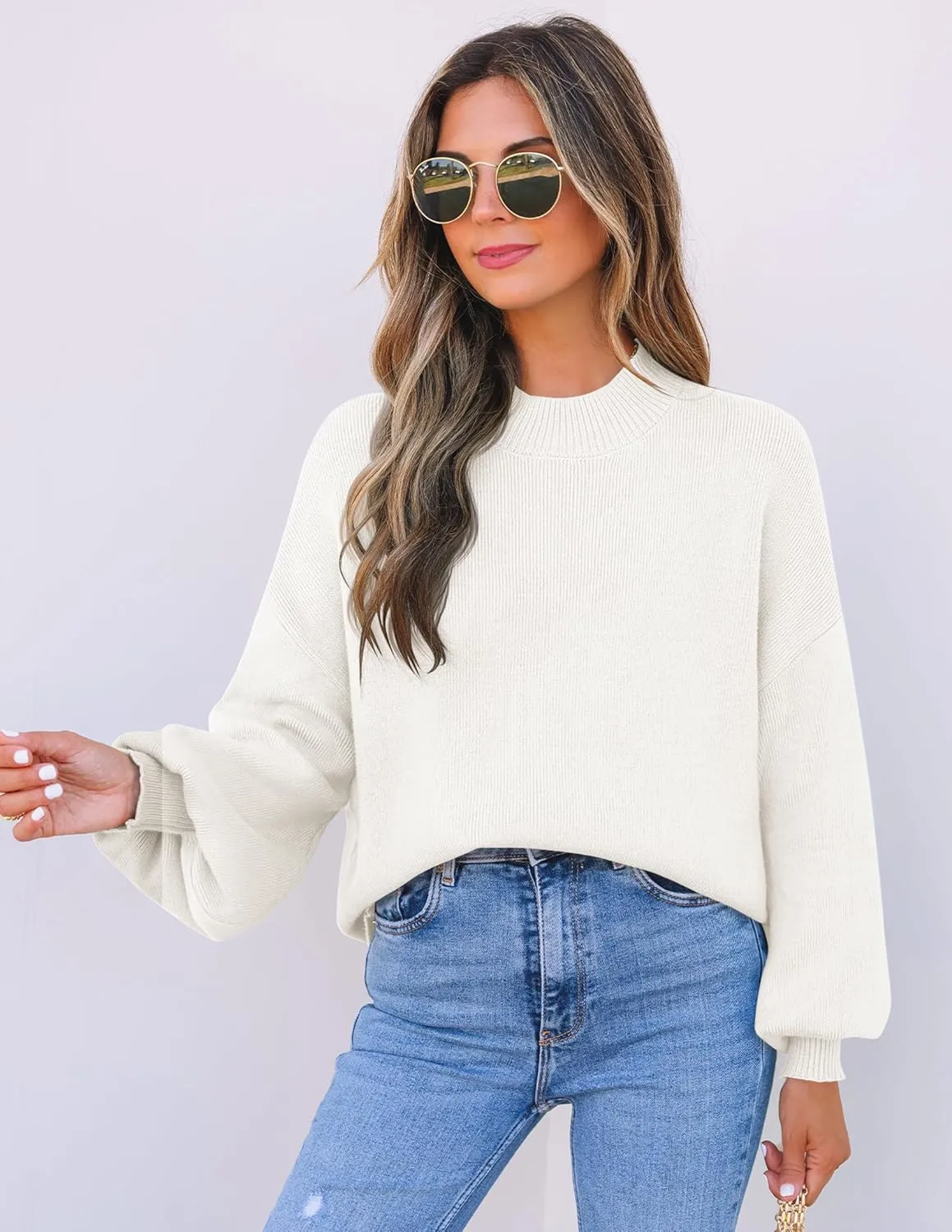 ZESICA Women's Casual Turtleneck Long Lantern Sleeve Oversized Ribbed Knit Pullover Sweater Jumper Top