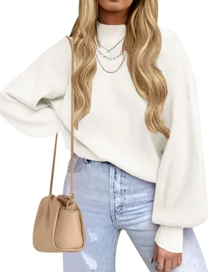 ZESICA Women's Casual Turtleneck Long Lantern Sleeve Oversized Ribbed Knit Pullover Sweater Jumper Top