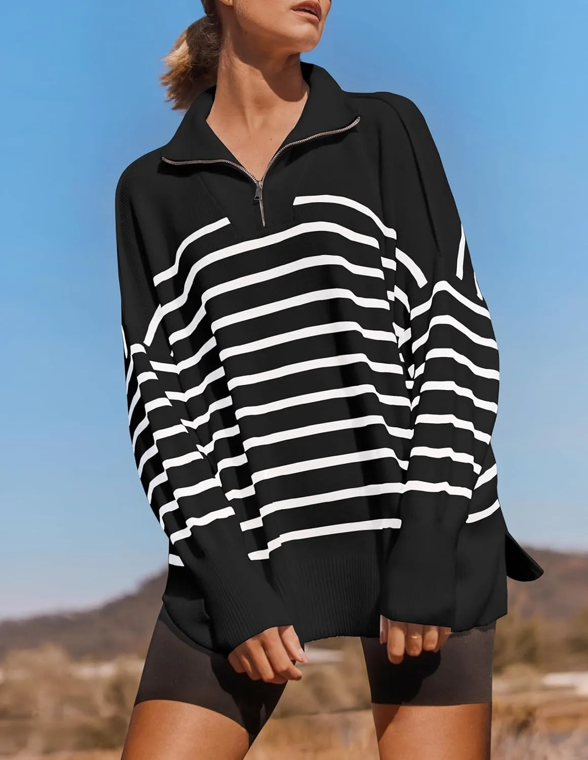 ZESICA Women's Striped Sweaters Half Zipper Long Sleeve Ribbed Knit Loose Oversized Pullover Sweater Tops