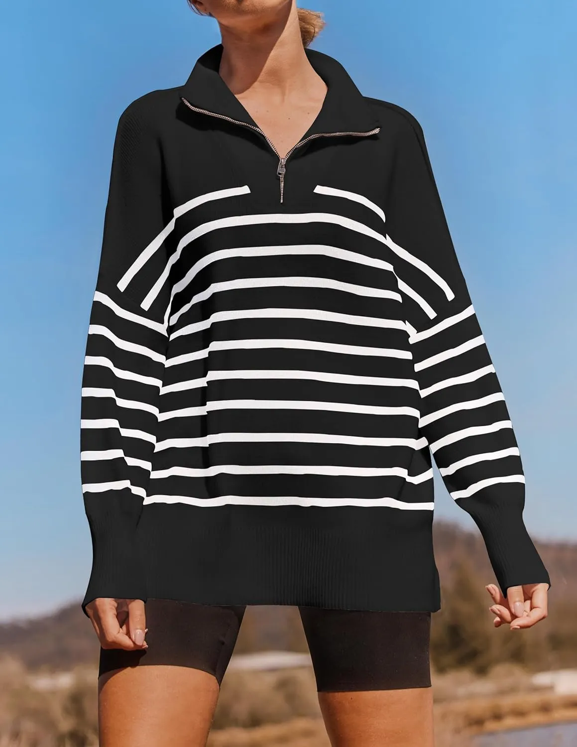 ZESICA Women's Striped Sweaters Half Zipper Long Sleeve Ribbed Knit Loose Oversized Pullover Sweater Tops