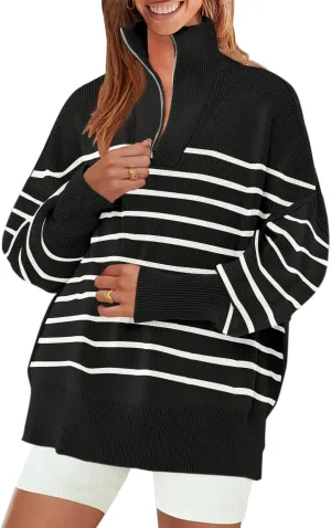 ZESICA Women's Striped Sweaters Half Zipper Long Sleeve Ribbed Knit Loose Oversized Pullover Sweater Tops